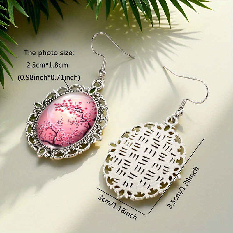 Moon Cherry Blossom Tree Oval Dangle Earrings, Handcrafted